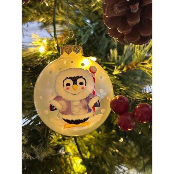 Set Of 4 Visions By Holly Glass Christmas Ornaments With Penguin & Tree Design - Picture 3 of 8